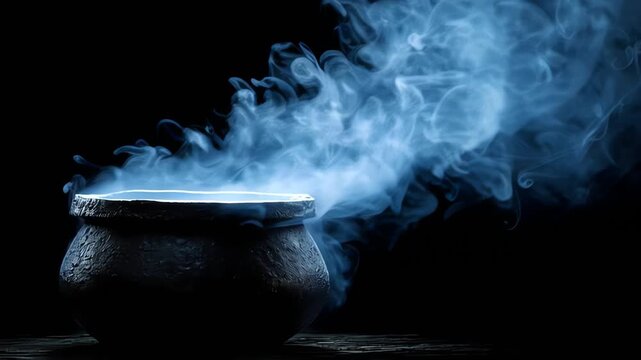 Mysterious blue smoke rising from an ancient cauldron on a dark background.