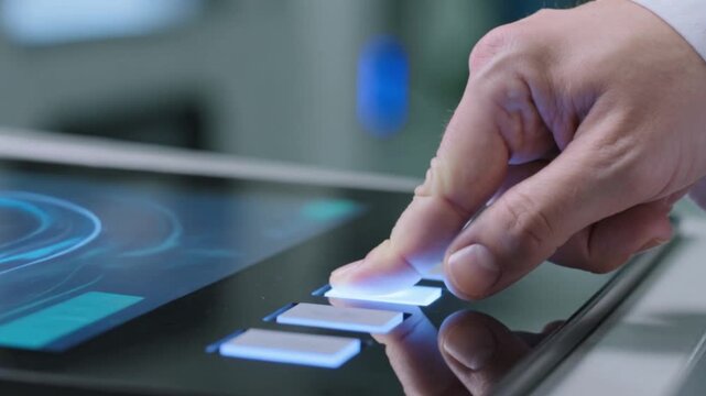 Close-up of Human Finger Touching Futuristic Digital Interface Screen.