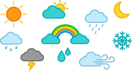 Obraz premium Illustration of Various Weather Icons including Sun, Clouds, Rain, Rainbow, Lightning, and Snowflake