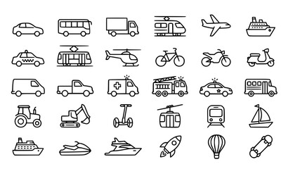 Vehicle and transportation outline icon set with car bus train and editable stroke vector collection © Shameem