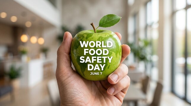 Hand holding green apple with world map for World Food Safety Day.
