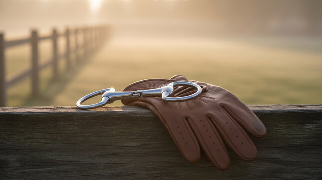 A polished silver snaffle horse bit and hand-stitched brown leather riding gloves rest on a rustic oak fence. Background is a blurred, misty rural estate field at golden hour. 