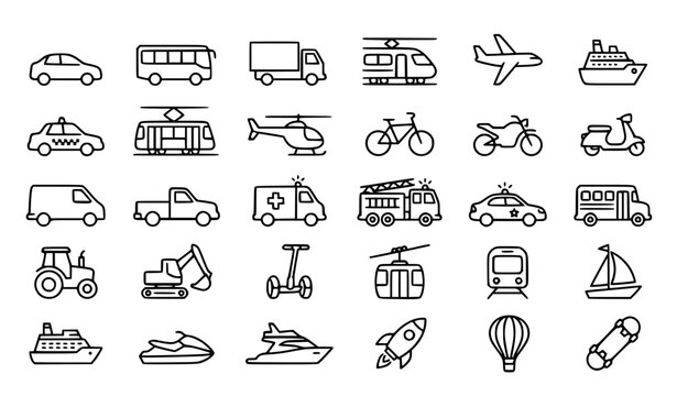 Vehicle and transportation outline icon set with car bus train and editable stroke vector collection