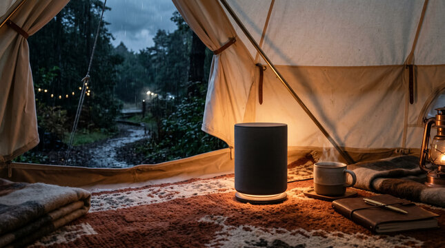 A warmly glowing Bluetooth speaker sits on a textured rug inside a canvas glamping tent. A steaming mug and journal rest nearby while rain falls on a moody forest path outside.