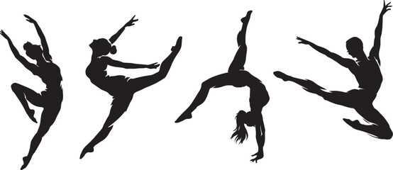 Graceful ballet dancer silhouettes set, 4 female ballerina poses in black vector, elegant rhythmic gymnastics and contemporary dance figures © Adnan