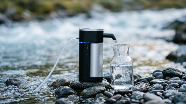 A sleek portable water filtration system rests on wet river stones, pumping pure water from a fast-flowing stream into a minimalist glass carafe. Concept of eco-conscious off-grid travel.