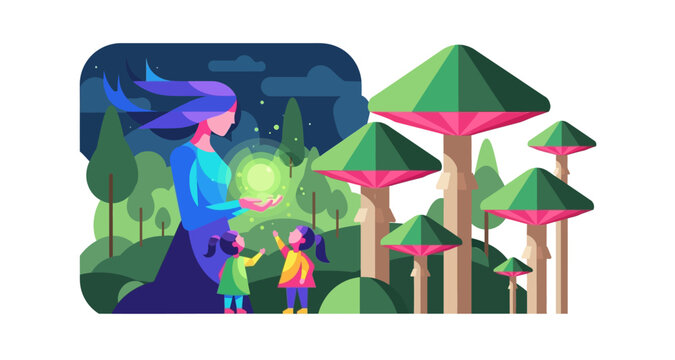 Fairy with children in enchanted forest vector illustration on transparent background