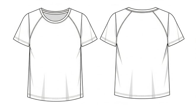 Blank white raglan t-shirt vector flat sketch for apparel mockups.