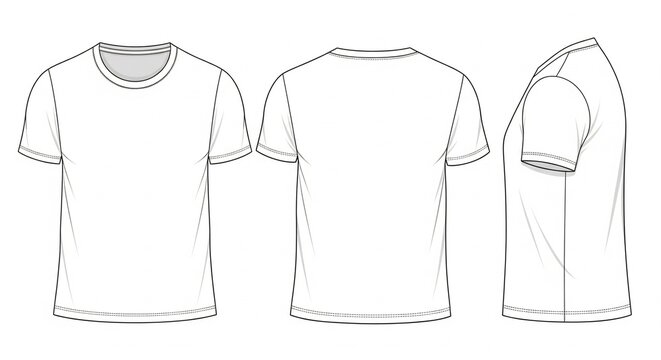 Blank white short sleeve crew neck t-shirt technical drawing template showing front back and side views isolated on a clean white background for apparel design mockup