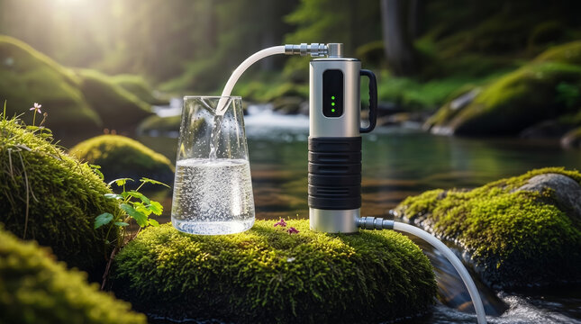 A modern portable water filtration device sits on mossy rocks, pumping clean water from a clear forest stream into a glass carafe. Concept of off-grid survival and ecological self-sufficiency.