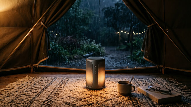 A warmly glowing Bluetooth speaker sits on a textured rug inside a canvas glamping tent. A steaming mug and journal rest nearby while rain falls on a moody forest path outside.