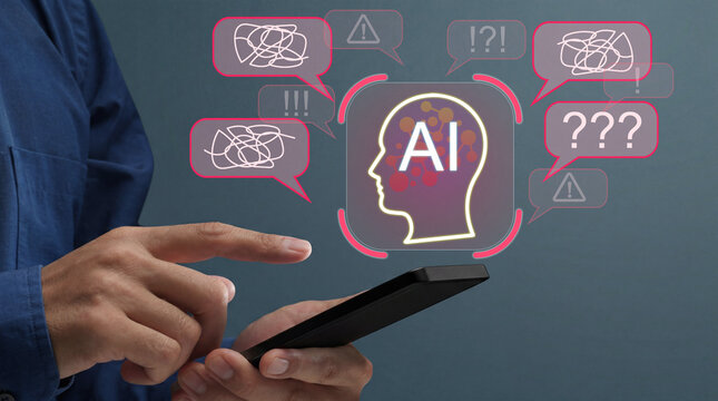 AI misinformation and chatbot confusion concept. Analysis of AI hallucination, unclear responses, false data, misleading communication. Businessman using smartphone interacting with AI chatbot