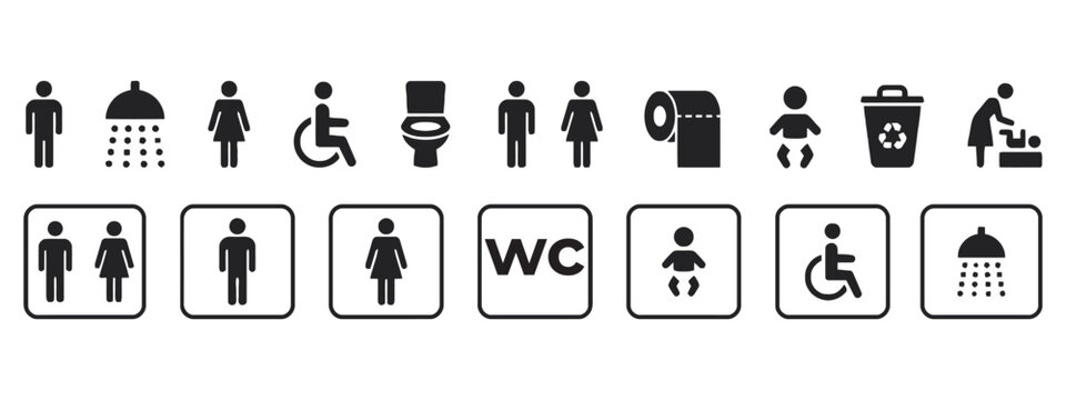 Restroom and Public Sign Icons: WC Bathroom and Washroom Symbols Set