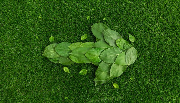 Green leaf arrow on lush grass indicating direction and growth symbol