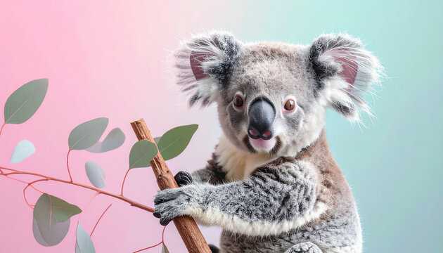 Koala on branch against pink backdrop