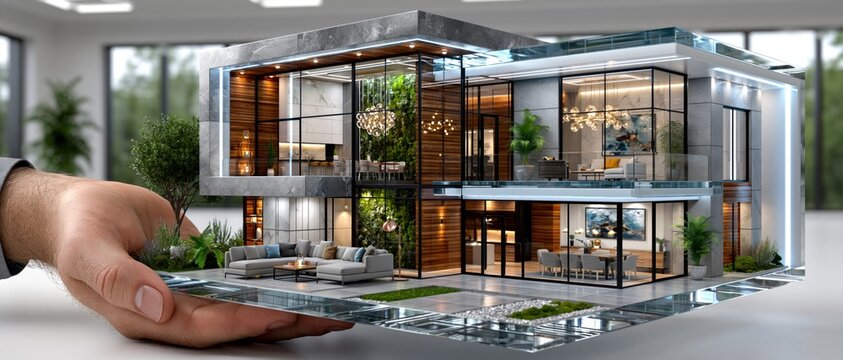 A hand holds a model of a modern glass house with greenery, providing a professional backdrop for advertisements by architectural firms and estate agents.