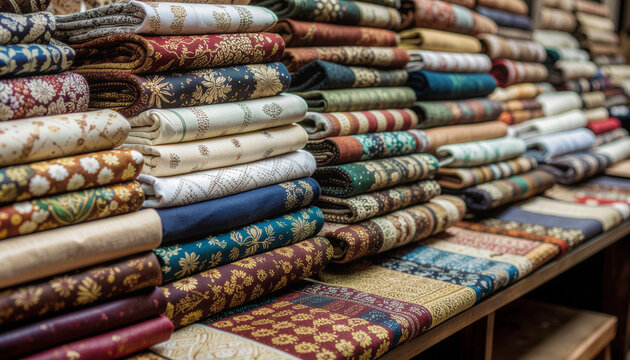 Stacked textiles displayed in a shop