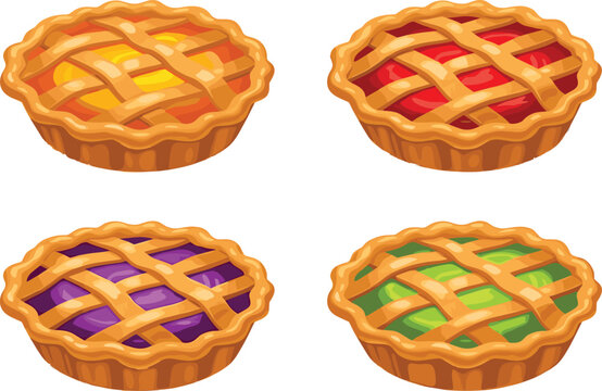 Fresh Baked Fruit Pie Vector Illustration Set with Apple Cherry Blueberry and Key Lime for Bakery Menus
