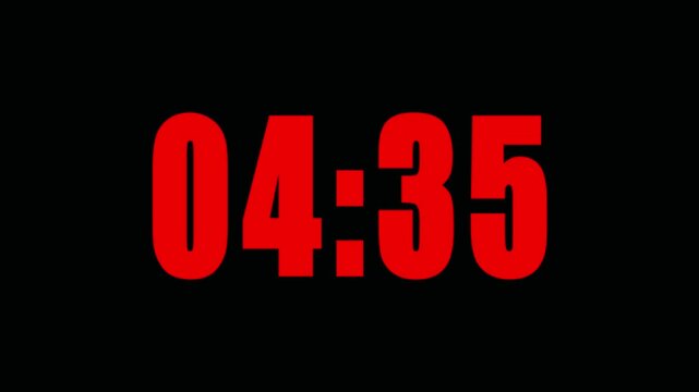 Countdown timer animation of 5 minutes on transparent background with alpha channels, 5 minutes countdown timer animation, countdown video.