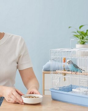 Woman feeding pet bird in cage on table with green plant nearby  