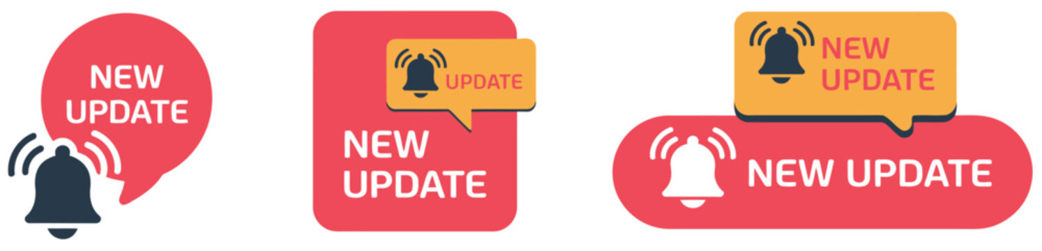 New update vector icons, new improved notification button with bell symbol, modern UI design elements isolated on white background vector illustration.