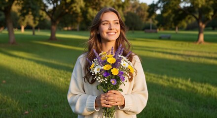 Fototapeta premium Woman holding wildflower bouquet in sunny public park. Smiling young female standing outdoors with floral bunch during springtime. Nature recreation and lifestyle joy concept.