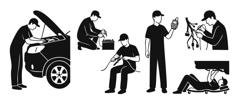Car mechanic services icons set, professional auto repair and vehicle maintenance black silhouettes isolated on white background for workshop, garage inspection, diagnostic testing and electrical serv