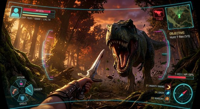 Action Adventure Game Screenshot: POV View of Dagger vs Tyrannosaurus Rex in Golden Hour Forest