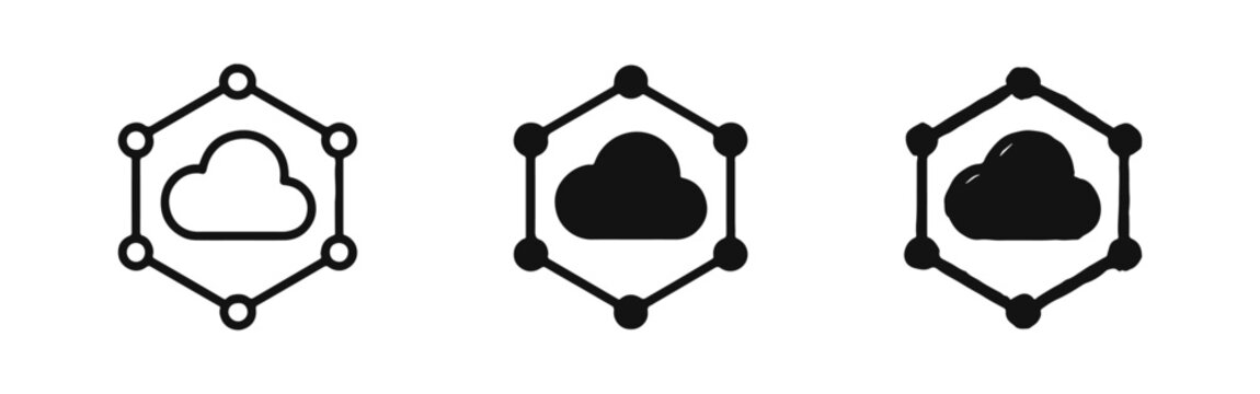 Cloud network node icon set showing cloud within a hexagonal connection structure