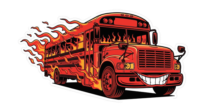 Flaming red school bus on fire.