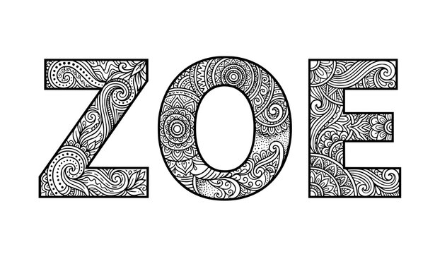 Decorative Zoe name vector in zentangle style with floral and abstract patterns isolated on white background