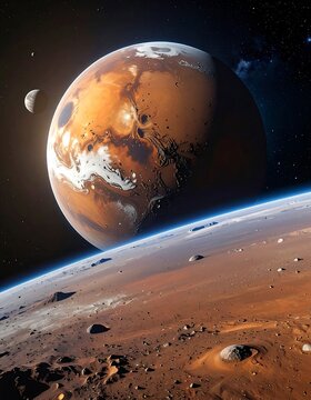 Stunning digital rendering of the red planet Mars, craters visible. Moon Phobos hangs nearby against the cosmic darkness
