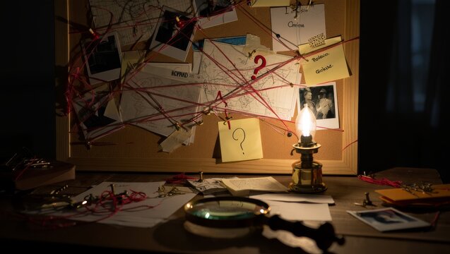 Detective investigation board with red string and photos, mystery evidence corkboard in dark room, crime scene research with magnifying glass