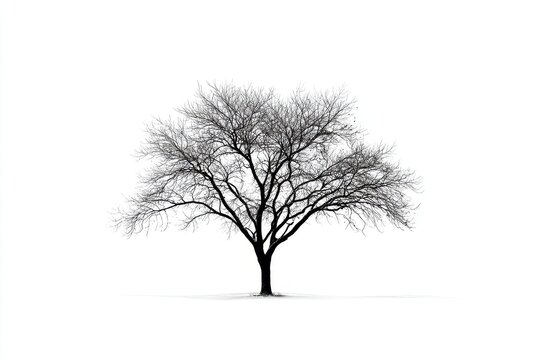 Single bare tree on a white backdrop, stark minimalism with dramatic contrast