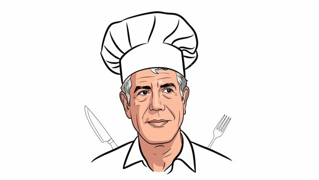 Anthony Bourdain Portrait with Chef Hat Knife and Fork
