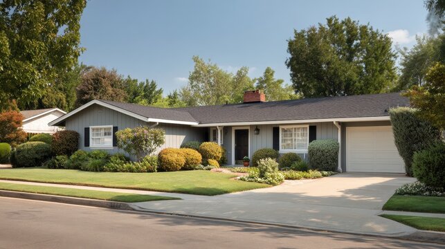 Single-story home exterior: neutral gray siding, white trim, landscaped front yard