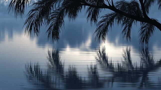 The silhouette of branches above the calm water, with the sky reflected in it, creates a serene backdrop for meditation, yoga and reflections on inner peace.