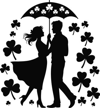 Man and woman in love under a clover patterned umbrella with flying shamrock leaves vector illustration for Saint Patrick's Day.