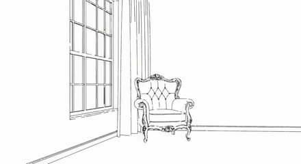 Naklejka premium Ornate armchair sits beside a tall window with draped curtains