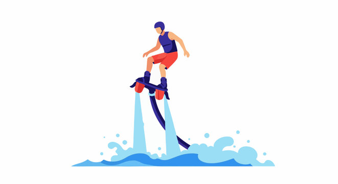 Person on a flyboard soaring through water jets