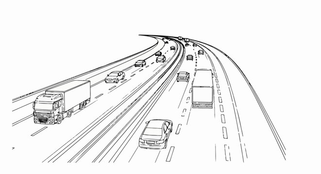 Multiple vehicles, including trucks and cars, travel on a multi-lane highway curving into the distance
