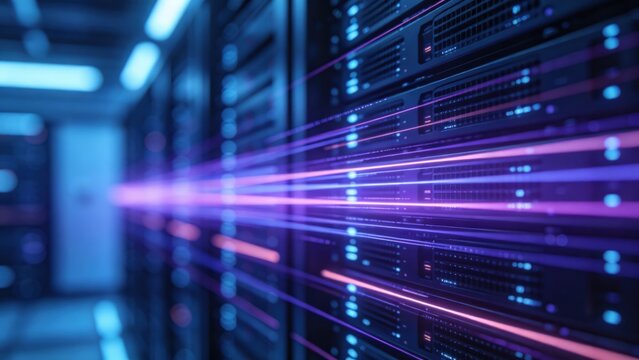 High speed data transfer through cloud server racks with neon light streams and advanced network infrastructure, idea for big data processing and IT performance technology concept