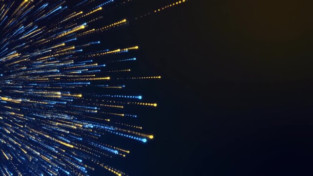 Abstract blue and gold light streaks flowing from side, futuristic digital motion background with copy space