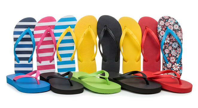 A colorful collection of flip flops arranged side by side on a plain surface