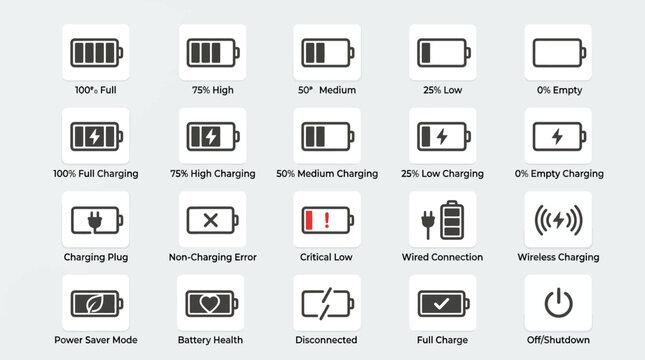 Mobile device battery status icons display various charge levels and errors on screen.
