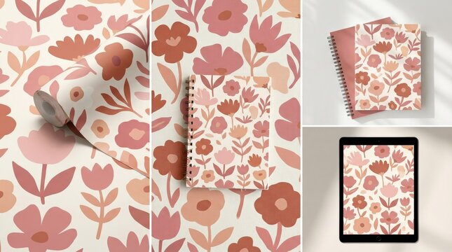 A collection of floral pattern including wallpaper, a spiral notebook, and a digital tablet displaying a repeating hand-drawn flower