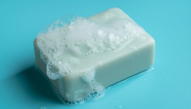 Bar of soap with bubbles on a bright blue background
