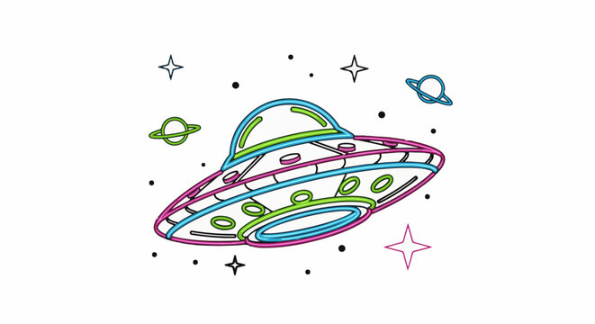 Neon-colored flying saucer with rings and stars in outer space