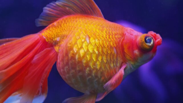 Beautiful orange and gold Oranda goldfish with flowing fins swims gracefully in a brightly lit blue aquarium