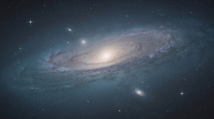 Obraz premium A spiral galaxy with a bright glowing center, swirling arms of stars, and cosmic dust clouds in the vast darkness of deep outer space